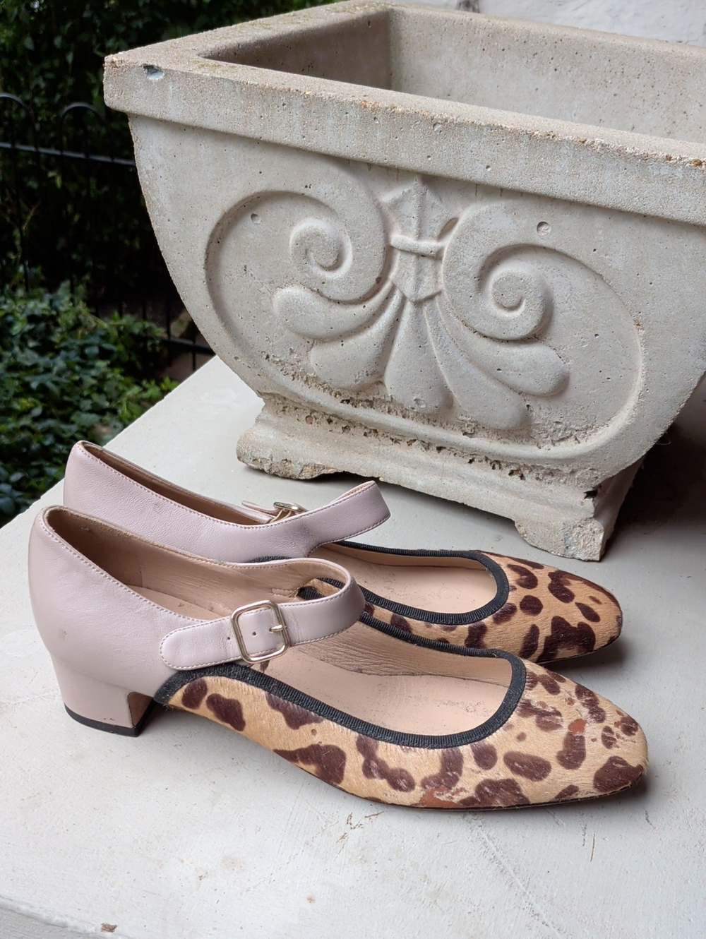 Unworn $895 Women’s Leopard Print Calf Hair Mary Jane Pumps in Blush